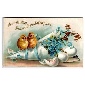Vintage Easter Greeting Postcard Chicks Forget-Me-Nots Schoenbrun Ad